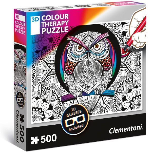 Puzzle 500 Teile 3D-Farbtherapie: Eule - Clementoni-35050