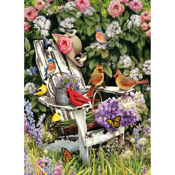 1000 piece puzzle: Birds on Adirondack chair in summer - CobbleHill-80090