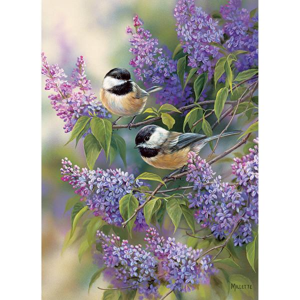 1000 piece puzzle: Chickadees and lilacs - CobbleHill-80112