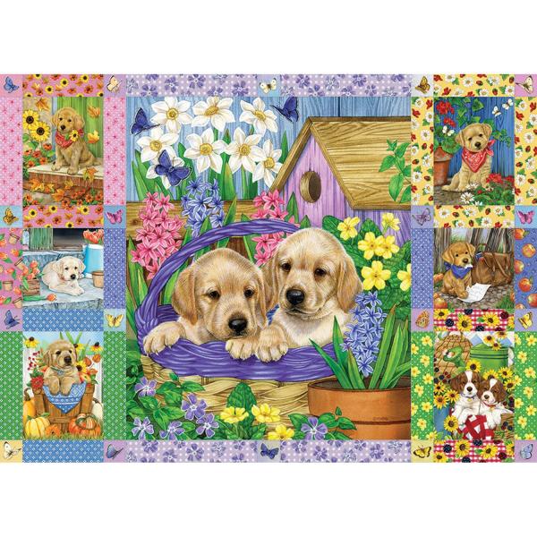 1000 piece puzzle: Puppies and flowers quilt - CobbleHill-80278
