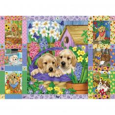 Puzzle de 1000 piezas: Colcha de flores y cachorros