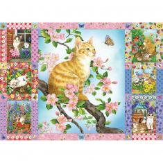 Puzzle 1000 pièces : Edredon fleurs et chatons