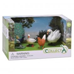 Set 4 Farm Figurines: peacock, goose, hen and swan