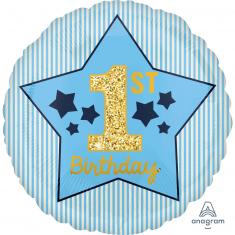 Round aluminum balloon 43 cm: 1st Birthday - Blue