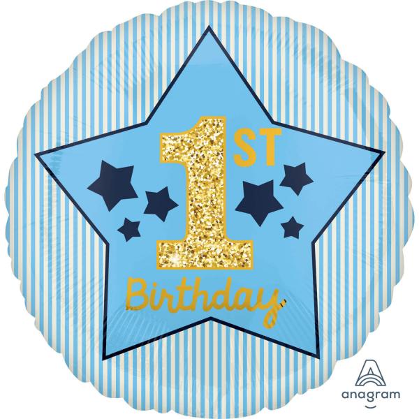 Round aluminum balloon 43 cm: 1st Birthday - Blue - 4037001