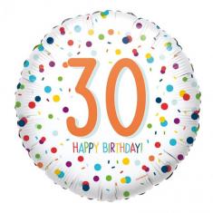 Round Aluminum Balloon 43 cm: Happy Birthday 30 years - Confetti