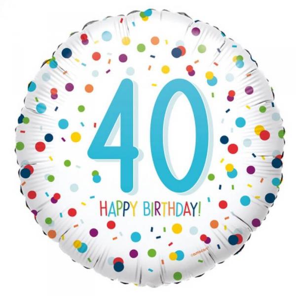 Round Aluminum Balloon 43 cm: Happy Birthday 40 years - Confetti - 4201401