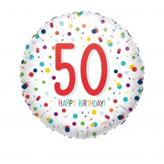  Round aluminum balloon 43 cm: Happy Birthday 50 years - Confetti