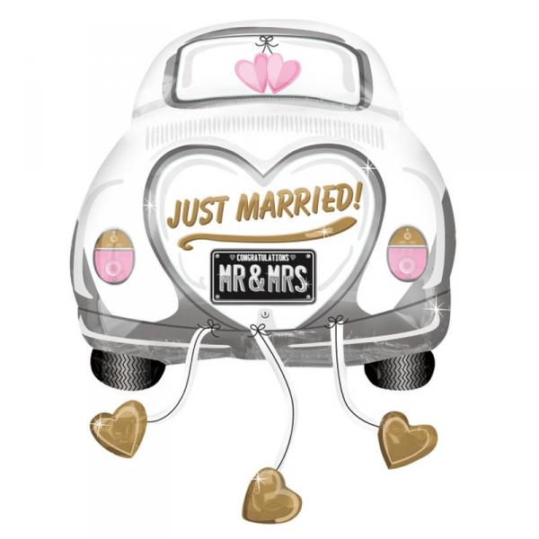 Aluminum Car Balloon 58x79 cm: Just Married - White, Pink, Silver - 4358475