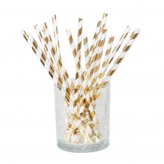 Set of 20 Gold and White Striped Paper Straws