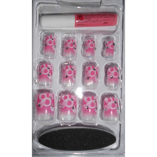 Pink Fake Nail Kit with Bubbles and Hearts Pattern - 7144N-RO