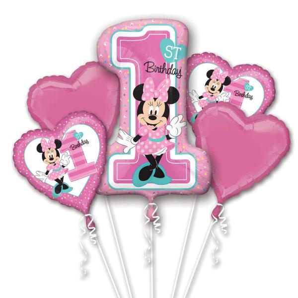 Bouquet of 5 Foil balloons - Minnie™ - 1st Birthday - 3437901