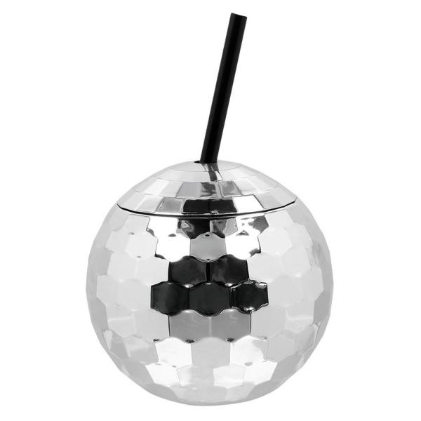 Silver disco ball cup with straw - 00717