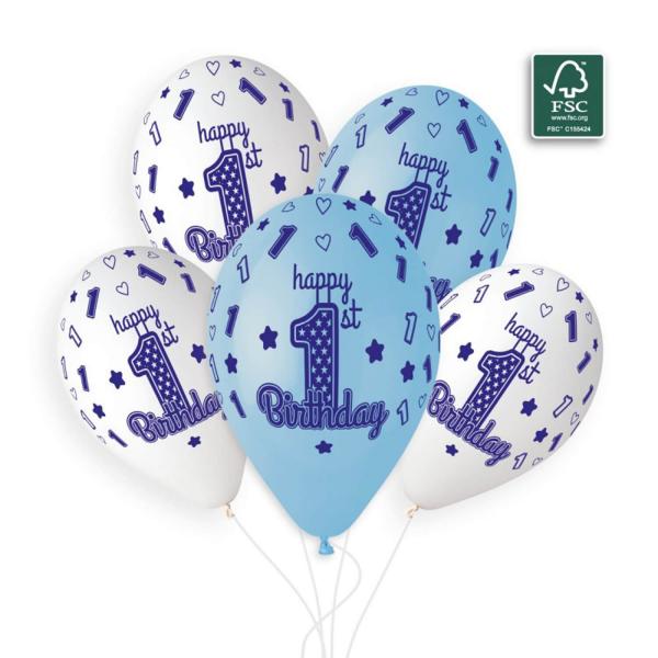 5 Printed 1st Birthday Balloons - 33 Cm - White and Blue - 313666GEM