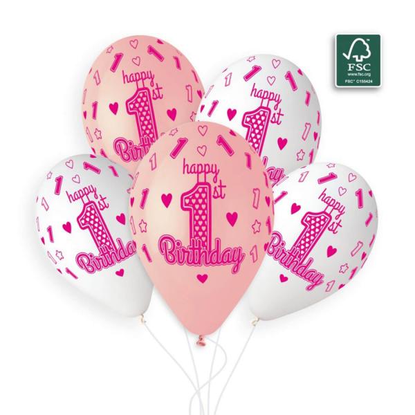 5 Printed 1st Birthday Balloons - 33 Cm - White and Pink - 313673GEM