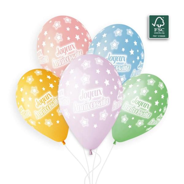 5 Happy Birthday Printed Balloons - 33 Cm - Pastel - 312119GEM