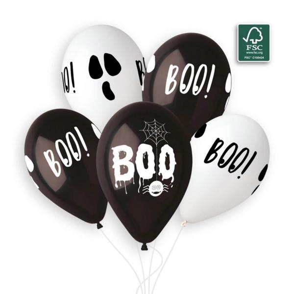  5 Boo Balloons - 33 cm - Black and White - 343588GEM