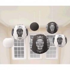  Round White and Black Lanterns - Dia De Los Muertos