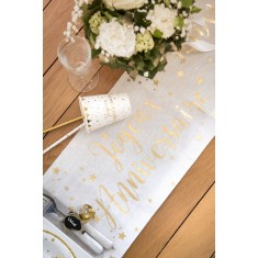 White and Gold Happy Birthday Table Runner