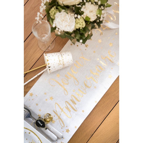 White and Gold Happy Birthday Table Runner - 5668-GOLD