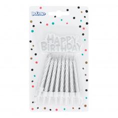 Set of 16 Spiral Birthday Candles with Happy Birthday Cake Topper - Silver