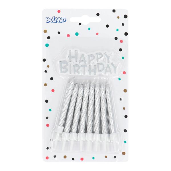 Set of 16 Spiral Birthday Candles with Happy Birthday Cake Topper - Silver - 30351