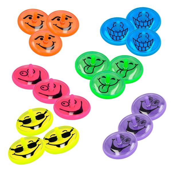 Set of 18 smiling spinning tops - 6 colors - 4 cm - 30891