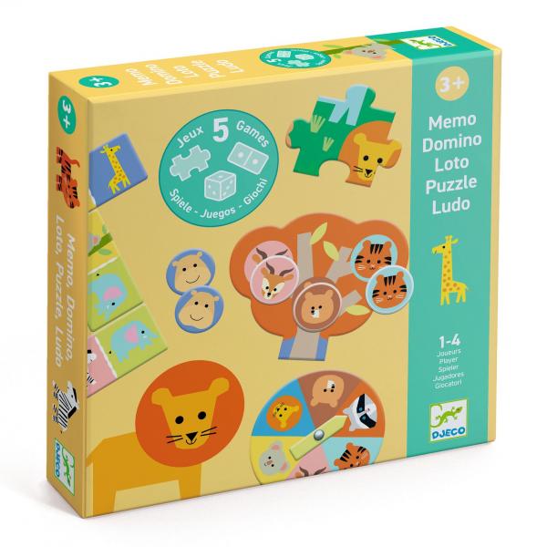 LERN- UND BILDUNGSSPIELE - MEMOS, LOTOS, DOMINO: Wilde Tiere – 5 SPIELE - Djeco-DJ08276