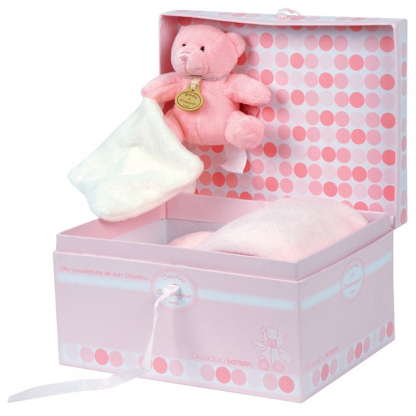 Coffret de naissance : Couverture rose et ours Bonbon - DoudouCie-DC2024