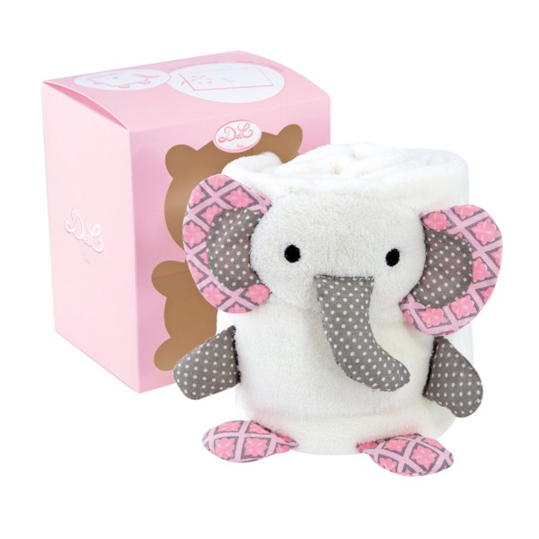 Couverture blanche avec éléphant rose - DoudouCie-DC2356-1