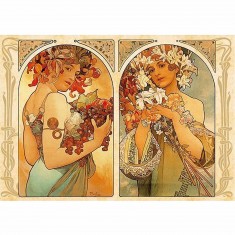 Puzzle 1000 piezas - Alphonse Mucha: Díptico de frutas y flores