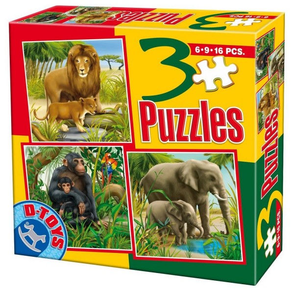 Puzzle de 6 à 16 pièces : 3 puzzles : Animaux d'Afrique - Dtoys-60150AL04