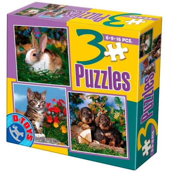 Puzzle de 6 à 16 pièces : 3 puzzles : Lapin, chaton et chiots - Dtoys-63045AP02