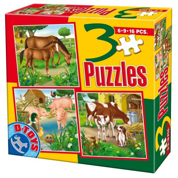 Puzzle de 6 à 16 pièces : 3 puzzles animaux de la ferme : Chevaux, cochons et vaches - Dtoys-60150AL02