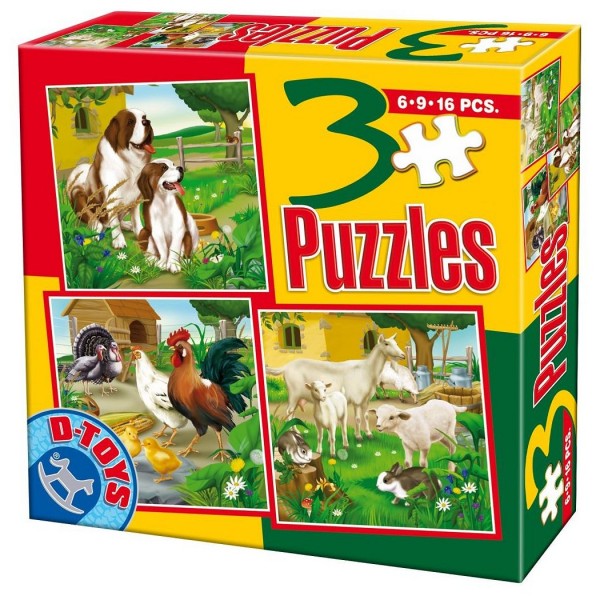 Puzzle de 6 à 16 pièces : 3 puzzles animaux de la ferme : Chiens, chèvres et volaille - Dtoys-60150AL01