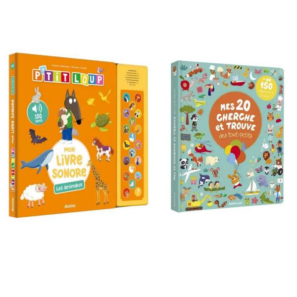 Lot de 2 livres : Mon livre sonore des animaux et mes 20 cherche et trouve des tout-petits - AUZOU-KIT200