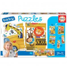 Baby puzzle: 5 puzzles of 3 to 5 pieces:  School Bus