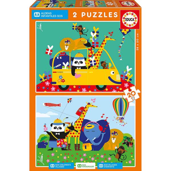 Puzzle 2 x 20 Teile: Sos Kinderdörfer: Tiere, Julien Chung - Educa-17725