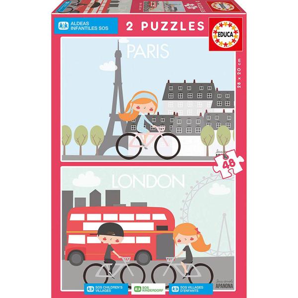 Puzzle 2 x 48 piezas: Aldeas Infantiles Sos: París y Londres, Laia Orriols Apanona - Educa-17726