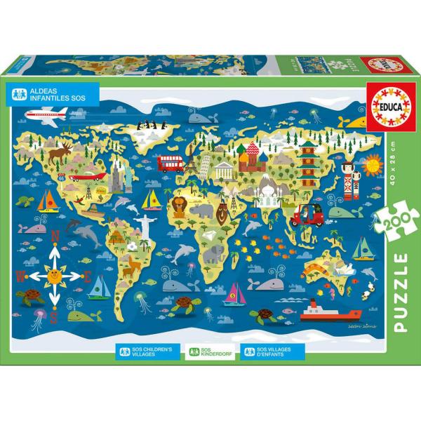 Puzzle de 200 piezas: Aldeas Infantiles Sos: Mapa del mundo, Sean Sims - Educa-17727