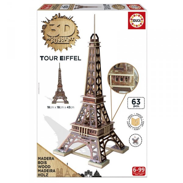 Puzzle Monument 3D en bois 63 pièces : La Tour Eiffel - Educa-16998