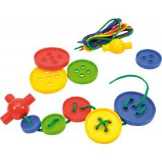 Boutons à enfiler en boîte : 8 ficelles, 8 stopeurs, 100 boutons 