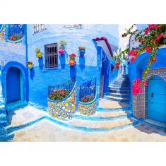 Puzzle 1000 Teile :  Türkisfarbene Straße in Chefchaouen - Marokko