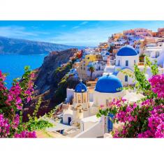 Puzzle 1000 pièces : Vue de Santorin avec fleurs, Grèce   