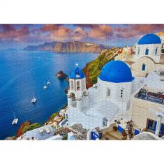 Puzzle 1000 pièces : Vue de Santorin avec bateaux, Grèce   