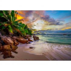 Puzzle 1000 pièces : Plage des Seychelles au coucher du soleil   