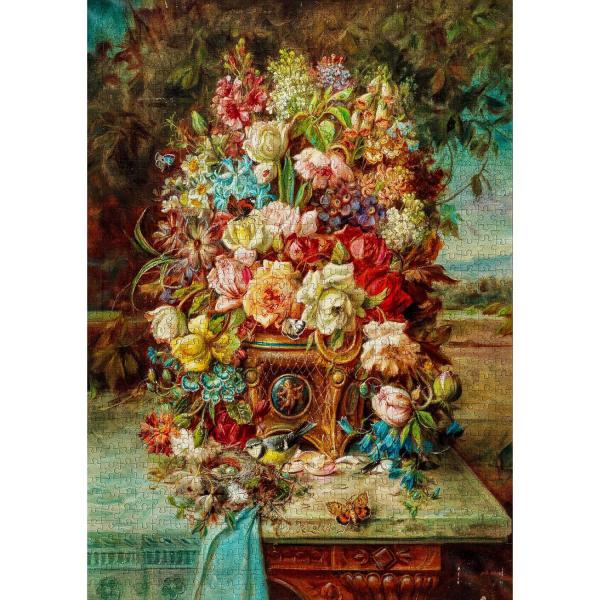 Puzzle 1000 Teile :  Blumenstillleben mit Blaumeise - Enjoy-1518
