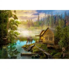 Puzzle de 1000 Piezas : Una cabaña de troncos junto al río.