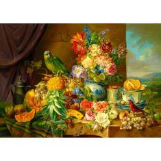 Puzzle 1000 Pièces : Josef Schuster - Nature morte avec des fleurs fruitées et un Perroquet