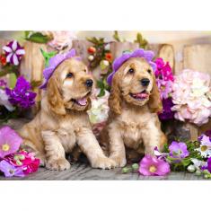 Puzzle 1000 Pièces : Chiots épagneuls avec chapeaux de fleurs